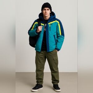 Teal Blue Ski Jacket Winter Coat Colorblock Insulated Hooded Youth Size